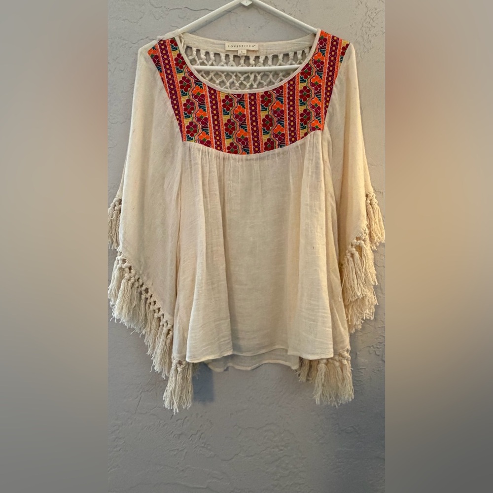 Women's Large Boho Multicolored Kimono‎ with Fringe Sleeves by Love Stitch